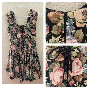 Vintage skater dress lace-up front floral roses